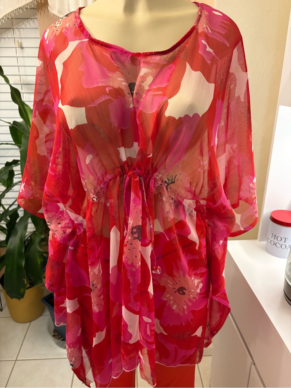 Women’s Sheer Pink & Red Floral Drawstring Tunic / swim coverup